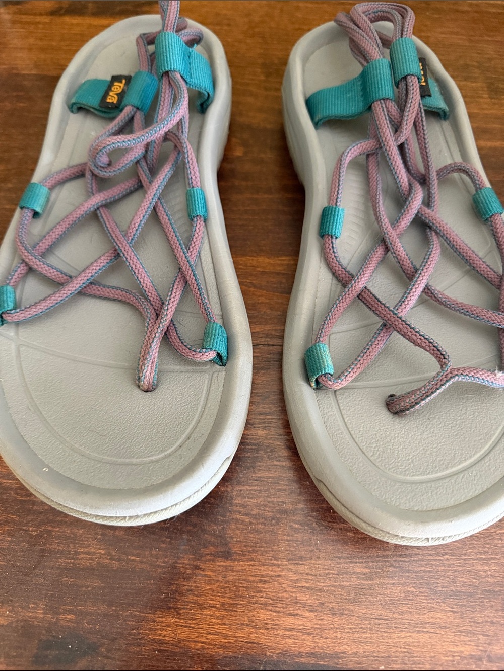 Teva Women's Gray Sandals with Pink Braided Straps and Teal Accents